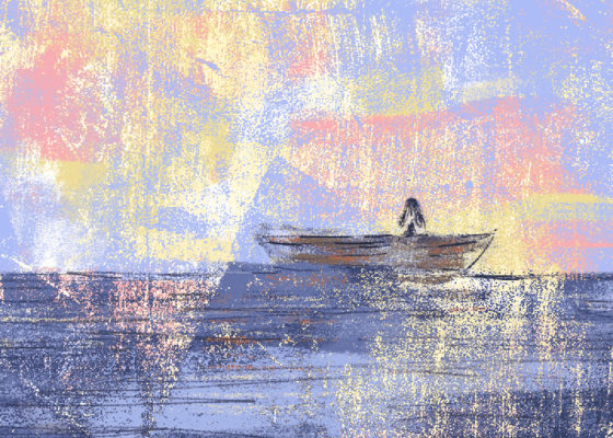 Pierre - la barque, aube (illustration)